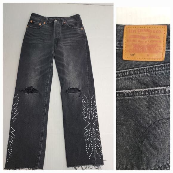 Levis Premium 501 Jean Sz 25 High Rise Embellished Fray Button Fly Big E Gray - Picture 1 of 13